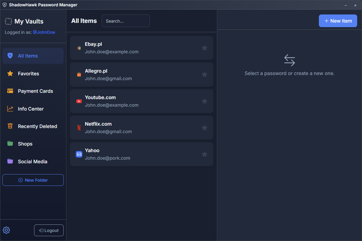 ShadowHawk Password Manager Main Dashboard - Secure Password Storage Interface with Folders and Search